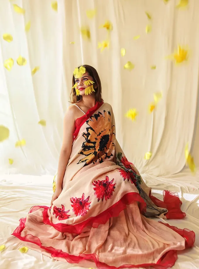 Menaha Peach Gerberas Saree